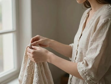 Close environmental portrait, woman's hands arranging fabric of a light linen blouse near a bright window, soft diffused daylight from the left, muted warm background, intimate framing with shallow depth, no visible face