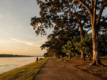Wide establishing shot of a scenic riverside path in Montería at golden hour, warm amber light raking across the scene, lone figure walking away in the far left third, tall trees framing the right side, expansive sky above, cinematic low horizon