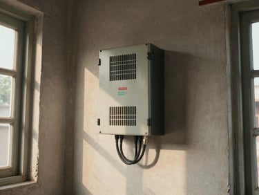 Wide environmental shot of a voltage stabilizer unit mounted in a corner of a modest Indian home, warm afternoon window light casting a soft rectangle on the concrete wall beside it, unit cables neatly routed downward, no people, documentary framing