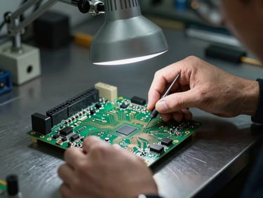 Technician's hands in a controlled workshop setting inspecting solder joints on a circuit board under a focused tungsten bench lamp, copper trace lines and component terminals sharply in focus, dark steel work surface, shallow depth of field, landscape orientation