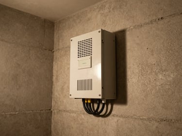 Wide shot of a voltage stabilizer unit mounted on a residential wall corner under warm ambient room light, power cables neatly routed, concrete wall texture visible, no people, environmental framing showing the unit in actual installed context