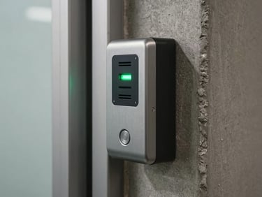Close-up of a biometric access control reader mounted beside a steel door frame, green LED indicator lit, metallic surface under tungsten corridor lighting, concrete wall texture behind