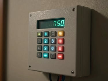Tight shot of a wall-mounted alarm control panel with illuminated keypad and status LEDs, dim ambient indoor light, wiring partially visible at the side, matte surface texture