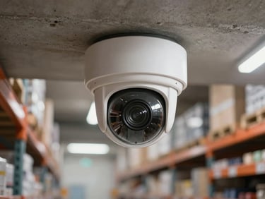 Close-up of a dome security camera mounted on a concrete ceiling inside a warehouse corridor, tungsten overhead lighting casting hard shadows, camera housing detail visible, blurred background shelving