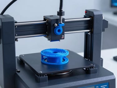 Industrial 3D printer creating a precise blue polymer prototype, cool crisp lighting, tech workspace