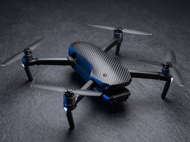 Sleek commercial product photography of an enterprise carbon-fiber drone on a dark slate surface, cool crisp studio lighting with subtle blue highlights, sharp focus, 50mm