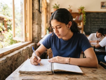 Bright editorial photography of a student writing in a notebook inside a sunlit classroom in Morelos, warm natural daylight, clean composition, 35mm lens