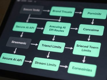Architectural flowchart mapping secure AI API routes and streaming token limits, deep slate background, neon mint accents