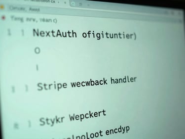 High-fidelity code snippet showing NextAuth configuration and Stripe webhook handler in TypeScript, soft screen-glow
