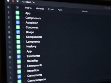A clean, dark terminal sidebar displaying a standard Next.js App Router directory tree, with folders like app, components, and lib highlighted in neon-mint screen glow, macro lens, shallow depth of field