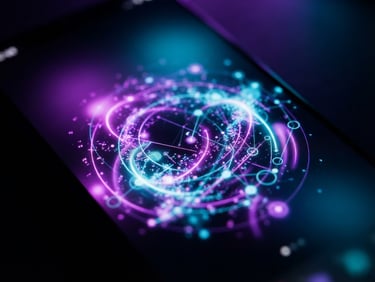 Extreme macro close-up of a high-resolution mobile screen displaying complex UI transitions, glowing neon violet and cyan ambient light, professional studio depth of field