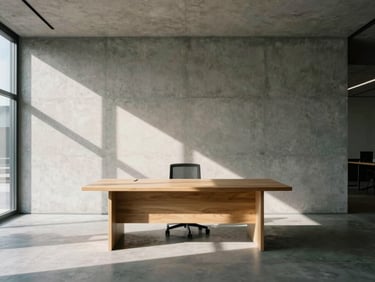 Wide architectural shot of a modern concrete office interior, soft natural daylight casting long geometric shadows across a clean wooden desk, 35mm
