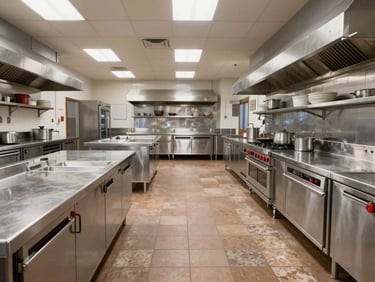 Wide-angle architectural photograph of a pristine, empty commercial restaurant kitchen with stainless steel counters and flawlessly laid quarry tile flooring under even, bright lighting.