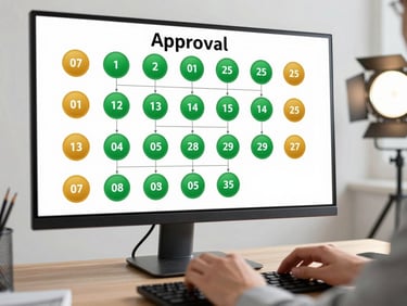 Wide monitor showing a multi-step approval workflow diagram with status badges in green and amber, hands at keyboard in foreground slightly blurred, bright clean studio light from the right