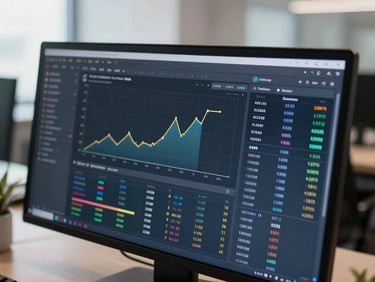 Overhead shot of a data report dashboard on a screen showing charts and KPI tiles updating in real time, clean bright office light, no people visible, focus on the interface