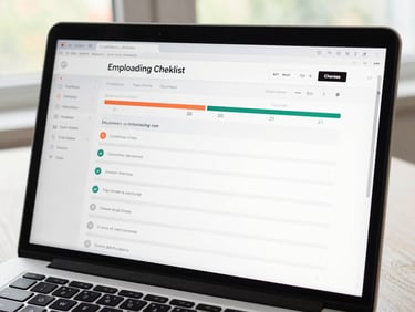 Top-down close-up of a laptop screen showing an employee onboarding checklist interface with progress indicators and form fields, bright daylight from a window, crisp and clean