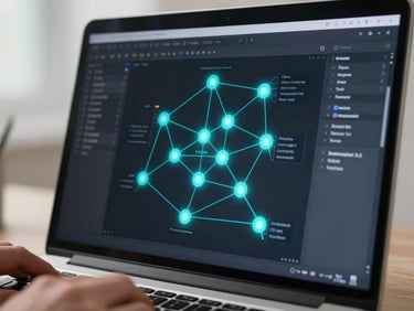 Close-up of a laptop screen displaying an AI agent workflow graph with glowing cyan node connections on dark UI, hands visible at keyboard edge, bright studio lighting, crisp and technical