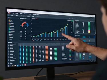 Wide monitor displaying a live data analytics dashboard with charts, tables and pipeline status indicators, a hand pointing at a specific metric on screen, crisp studio lighting, high-contrast dark UI