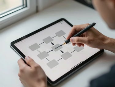 Overhead close-up of a developer's hands mapping a process automation diagram on a tablet screen, flow arrows visible on the interface, clean daylight from a side window, modern minimal workspace
