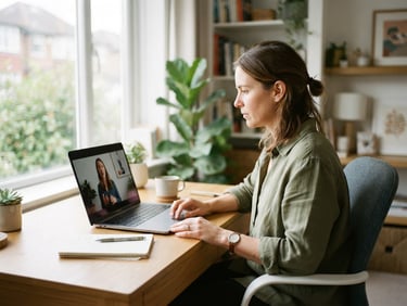 A focused adult in a bright, modern home office watching an English video lesson on a laptop, soft natural window light, clean editorial photography style.