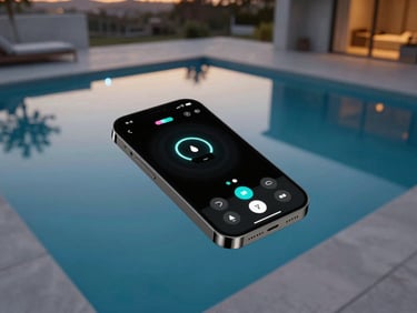 Overhead shot of a sleek smartphone interface controlling pool lights and temperature, with a blurred background of a modern pool at twilight.