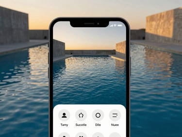 Close-up of a sleek, minimalist smartphone screen displaying an intuitive pool control interface, with deep blue water in the background, golden hour lighting, architectural film photography.