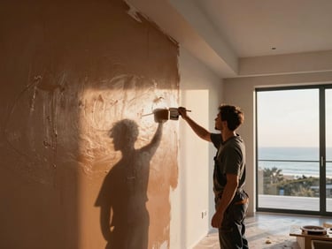 Professional painter meticulously applying a flawless coat of paint to a modern wall, warm interior lighting, focused craftsmanship