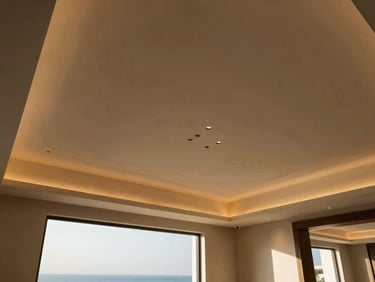 Elegant gypsum board ceiling design with warm indirect lighting in a luxury Jeddah villa, architectural shot