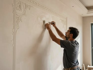 Professional craftsman applying decorative plaster to a high-end villa wall in Jeddah, focused shot, rich texture, warm lighting, 35mm