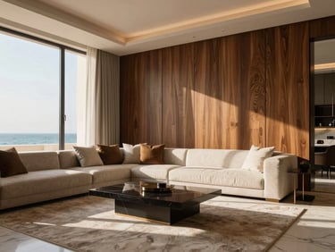 Luxury modern living room in Jeddah featuring premium wood panels and marble alternatives, warm daylight, high-contrast shadows