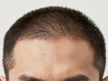 Close-up of a natural male hairline, soft lighting, clean clinical photography, high-end medical aesthetic.