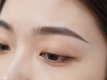 Macro close-up of beautifully shaped, natural eyebrows, soft daylight, elegant aesthetic, clean clinical photography.