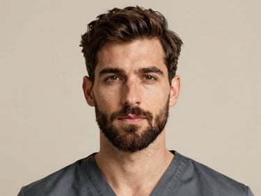 Elegant portrait of a confident man with a well-defined, natural beard, soft studio lighting, clean clinical photography.