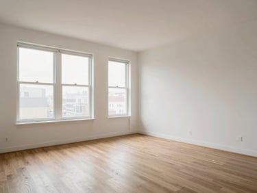 Interior of a bright apartment living area, wide-angle shot showing room flow and scale, north-facing windows with diffused daylight, bare walls showing true color
