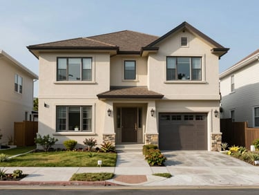 Three-bedroom house exterior, street-level facade shot at mid-day, single-family home with small front garden, residential neighborhood street visible, no filters or enhancement