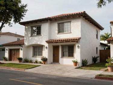 Exterior facade of a two-story house in a quiet Mexican residential street, mid-day diffused light, painted stucco finish, clean driveway, street trees visible
