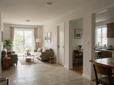 Two-bedroom apartment living area, wide shot from hallway showing connected dining space, natural daylight through east-facing windows, neutral paint, clean tile floor
