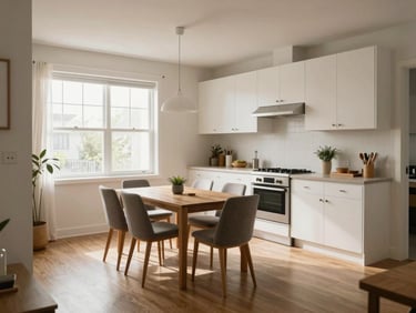 Bright one-bedroom apartment kitchen and dining area, white cabinets, mid-day light through south window, wide shot from living room doorway showing true room scale