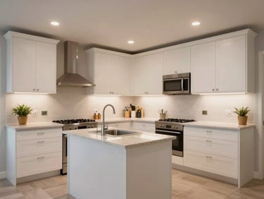 Well-lit kitchen of a modern apartment, professional diffused indoor lighting, white cabinetry, stone countertops, wide-angle shot showing full room proportions