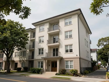 Exterior facade of a mid-rise residential building on a quiet tree-lined street at midday, neutral overcast light, street-level perspective showing entrance and surrounding context