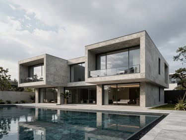 Full rendering of a high-end residential villa, cantilevered volumes over a reflecting pool, concrete and glass, overcast daylight, wide framing showing full site context
