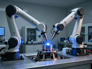 Wide-angle high-contrast cleanroom photography, robotic assembly arms positioning a Hall-effect thruster nozzle under cool blue LED lighting, deep shadows.