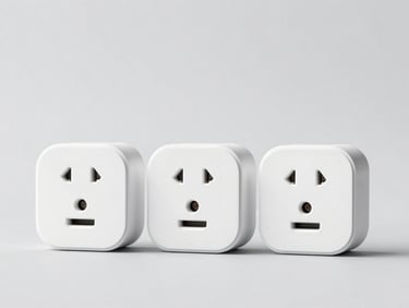 Three clean white smart plugs arranged neatly on a light gray surface, high-key studio lighting, sharp focus