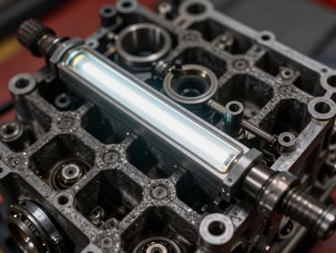 Macro close-up of heavy-duty diesel engine components being calibrated, cool fluorescent work lamps reflecting off metallic surfaces, gritty industrial texture, 35mm
