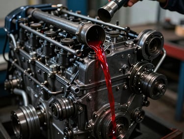 Close-up of clean oil being poured into a heavy-duty diesel engine, dark metallic surfaces, dramatic lighting