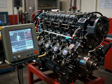 Glowing diagnostic screen hooked up to a massive diesel engine block, cool fluorescent tones, technical precision