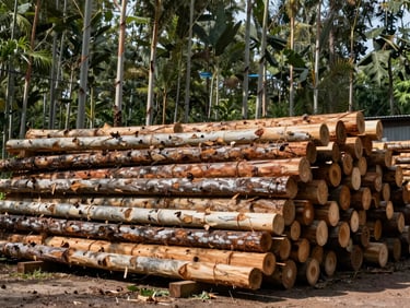 Raw eucalyptus logs stacked outside a high-capacity timber mill, dramatic industrial shadows, crisp daylight, 50mm.