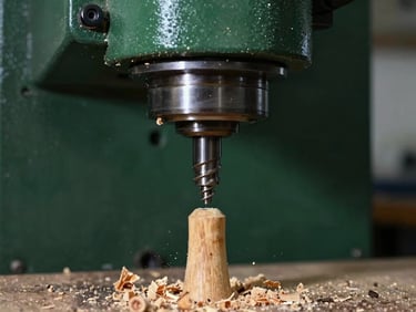 Close-up of a high-speed milling machine carving precise threads on a wooden handle tip, wood shavings suspended in air, 50mm.
