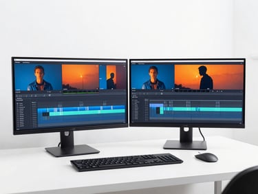 A high-end editing suite with dual monitors displaying clean video timelines, bright white desk, minimalist workspace, daylight