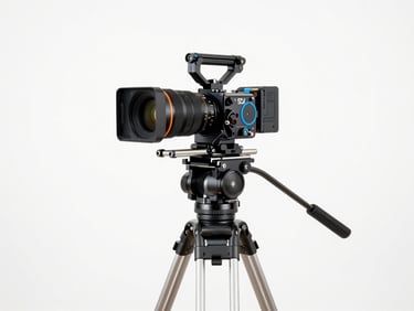 A high-end modern cinematic camera rig on a heavy tripod, clean studio background flooded with bright natural daylight, crisp metallic details, 50mm lens